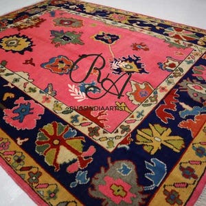 Handmade Pink Oushak Wool Rug: Vintage Turkish Style Carpet,