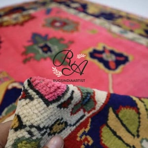 Pink Oushak Rug | Handmade Wool Turkish Carpet | Navy & Multicolor Area Rug | 6x9 Vintage Boho Style | Oriental Living Room Decor