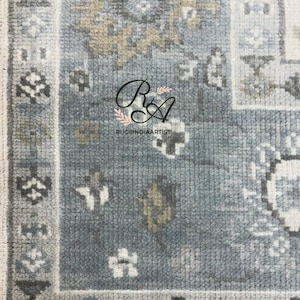 Hand Knotted Oushak Wool Rug: Ivory Blue Floral Turkish Carpet