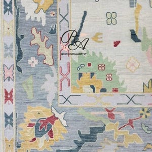 Hand-Knotted Wool Oushak Rug: Colorful Vintage Turkish Carpet