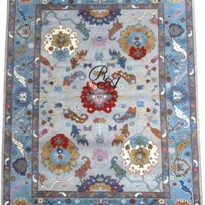 Gray Blue Oushak Rug 6x9 ft | Handmade Wool Turkish Carpet | Multicolor Oriental Floral Area Rug | Boho Vintage Living Room Decor
