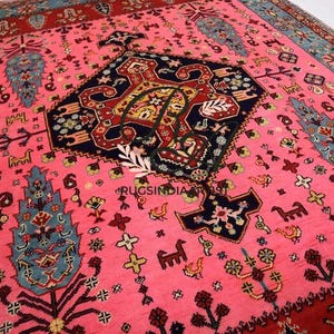 Pink Persian Style Wool Rug – Hand-Knotted Tribal Medallion Carpet | Bold Boho Floral 5x7 Area Rug | Living Room Accent Decor