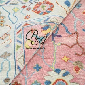 Pink Oushak Rug | Colorful Hand-Knotted Wool Turkish Carpet | Boho Floral Vintage Style Area Rug | Bright Pastel Decor Accent