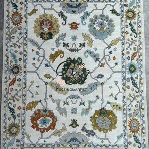 Hand Knotted Oushak Wool Rug: Cream Floral Turkish Carpet, 8x10 ft