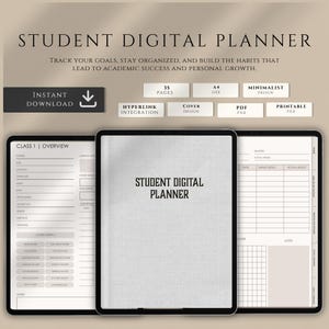 Könnte beinhalten: Ein digitaler Studentenplaner, der auf drei Tablets angezeigt wird. Der Planer hat ein minimalistisches Design mit 35 Seiten, A4-Größe und Hyperlink-Integration. Auf dem Cover steht "Student Digital Planner". Das Bild enthält auch den Text "Sofort-Download" und "Druckbare Datei".