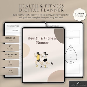 Könnte beinhalten: Digitaler Gesundheits- und Fitnessplaner mit dem Text "Health & Fitness Planner". Der Planer enthält eine Fortschrittsseite, einen Flüssigkeits-Tracker und einen Abschnitt für Bonus-Aufkleber. Erhältlich als digitales PDF, 19 Seiten, druckfertig, A4- und US-Letter-Format.