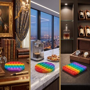 May include: A collection of colorful pop-it fidget toys in various shapes, including a hexagon, circle, and square. The toys feature a rainbow color scheme and are displayed on a desk and countertop. Other items include books, a coffee maker, and a watch case.
