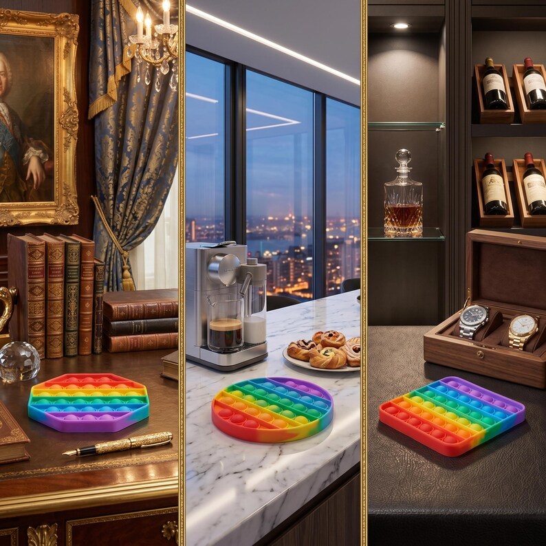 May include: A collection of colorful pop-it fidget toys in various shapes, including a hexagon, circle, and square. The toys feature a rainbow color scheme and are displayed on a desk and countertop. Other items include books, a coffee maker, and a watch case.