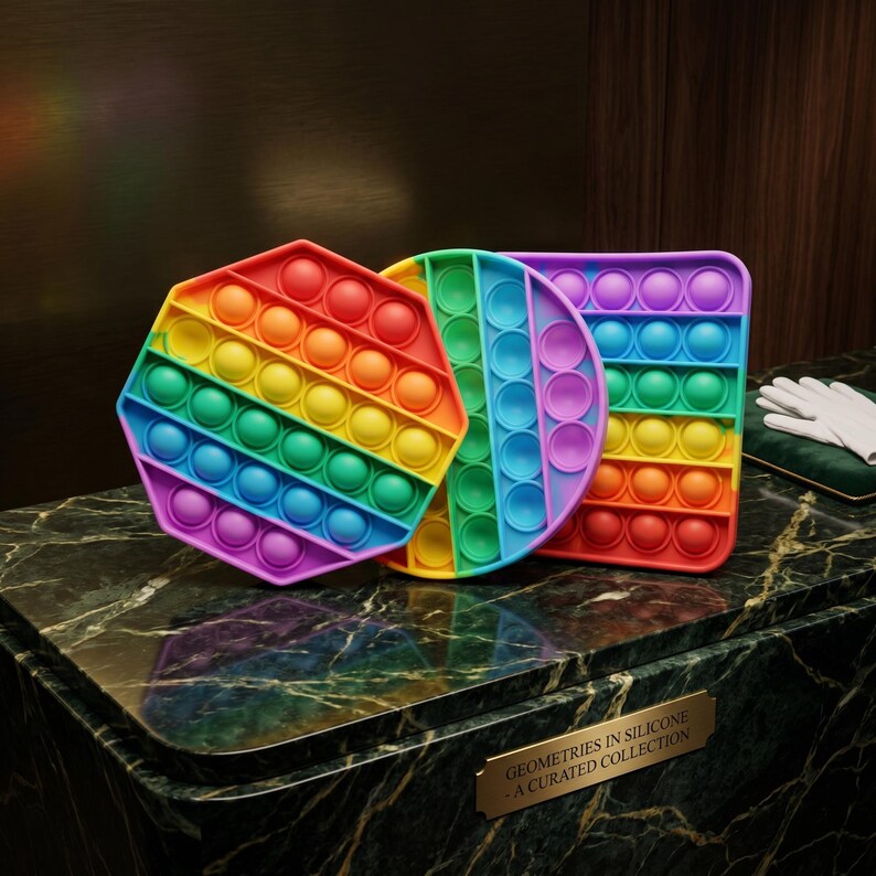 May include: Three colorful silicone pop-it toys in rainbow hues. The shapes include a hexagon, a circle, and a rectangle. The toys are displayed on a dark green marble surface. The text on the sign reads "GEOMETRIES IN SILICONE - A CURATED COLLECTION."