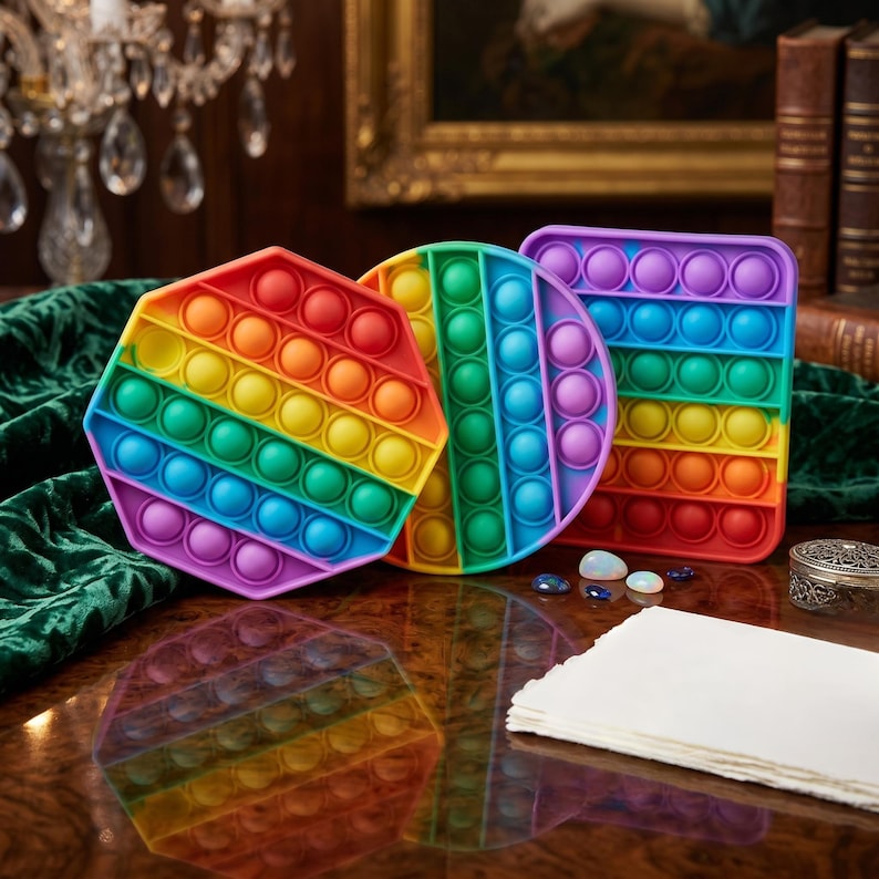 May include: Three colorful pop-it fidget toys in different shapes: a hexagon, a circle, and a rectangle. Each toy features a rainbow color scheme and a bubble-popping design. The toys are displayed on a reflective surface.