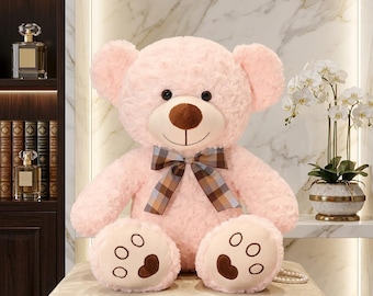 Peluche ours en peluche rose, peluche en coton doux 50 cm, nœud kawaii