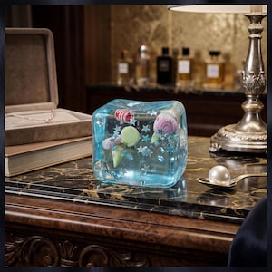 May include: A clear, blue cube-shaped decorative object with embedded miniature sweets and star-shaped glitter. The cube sits on a marble surface, next to a pearl on a small spoon and a vintage lamp.