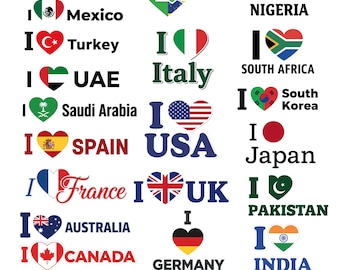 Country Flag Heart PNG Bundle, Patriotic Designs (Digital Download)