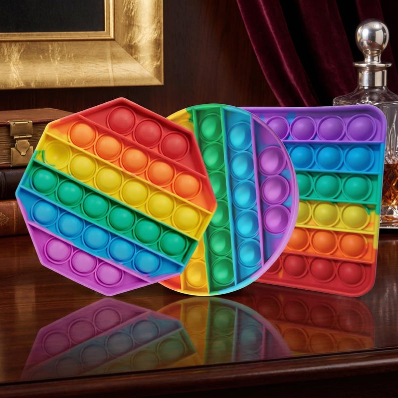 May include: Three colorful pop-it fidget toys in hexagon, circle, and square shapes. Each toy features a rainbow color scheme with multiple bubble-like depressions. The toys are made of silicone and are designed for sensory play.