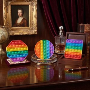 May include: Three colorful pop-it fidget toys in rainbow colors. One is an octagon shape, another is round, and the third is a rectangle. The toys are on a dark wooden surface with a framed portrait and a globe in the background.
