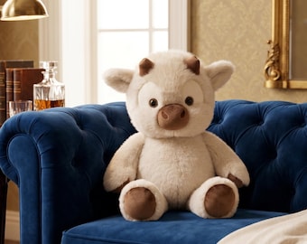 Peluche vache Highland 45 cm, oreiller animal en peluche doux et confortable pour bovins