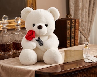 Peluche ours en peluche kawaii avec rose, poupée romantique, peluche douce 25 cm