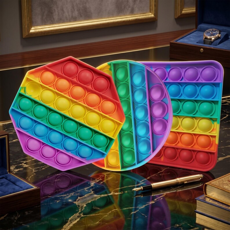 May include: Three colorful pop-it fidget toys in hexagon, circle, and rectangle shapes. Each toy features a rainbow color scheme with multiple bubble-like depressions. The toys are made of silicone and are designed for sensory play.