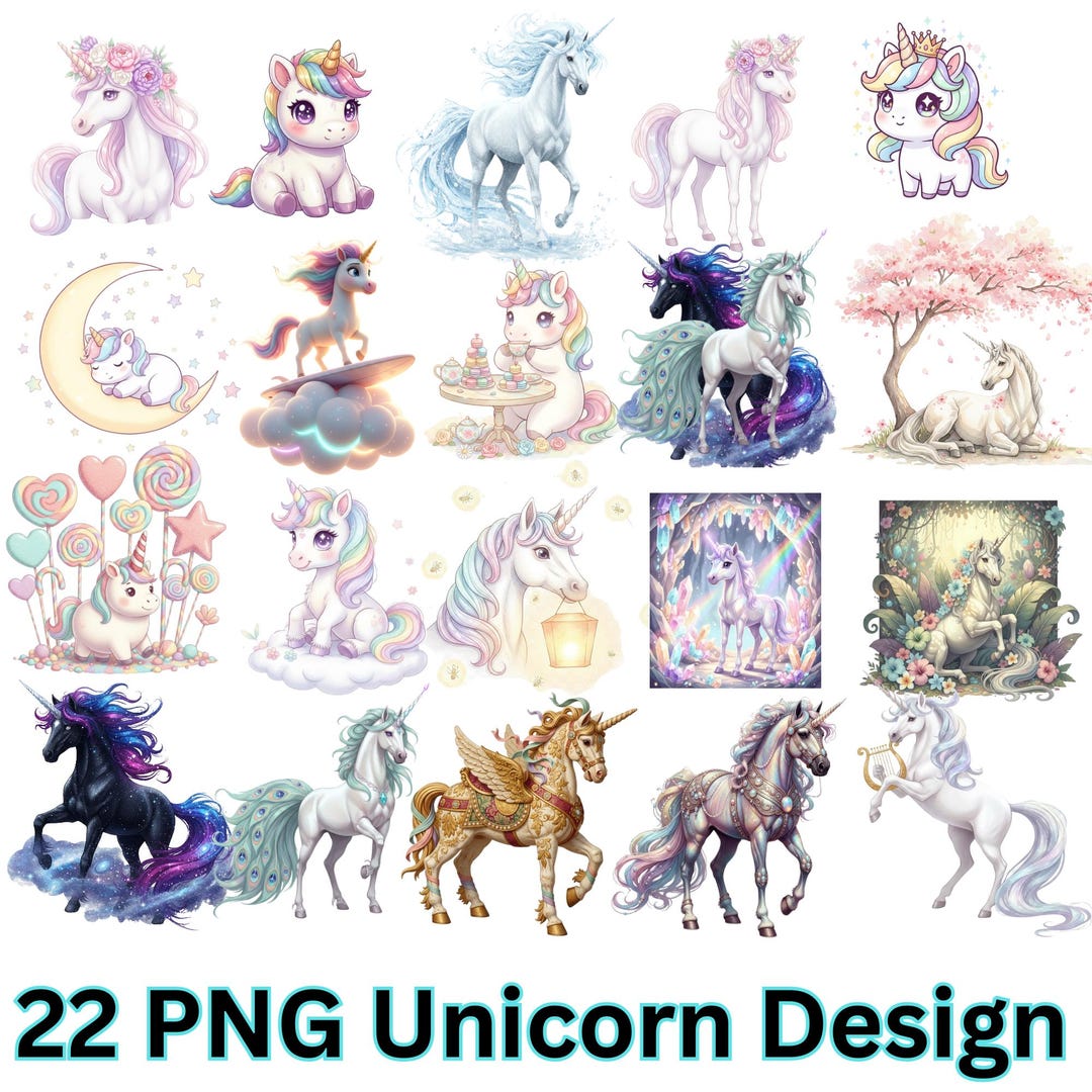 22 Unicorn PNG Bundle, Cute Kawaii Unicorn Clipart for Shirt, Pastel ...