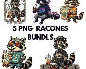 Urban Raccoon Boba PNG Bundle, clipart animal streetwear (téléchargement numérique)