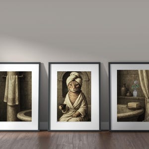 Arte divertido para el baño de gatos: set de 3 imprimibles de gatos en baños romanos. Decoración de pared con descarga digital. Póster del día del spa para gatos. Regalo de decoración de pared.