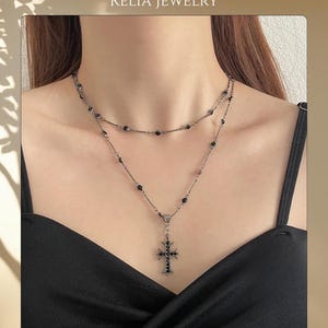 Layered Gothic Black Beaded Necklace with Statement Drop Pendant for Edgy Streetwear and Minimal Chic Styling