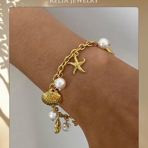 Gold Seashell and Pearl Charm Anklet—Beach-Inspired Chain Ankle Bracelet with Starfish and Ocean Charms, Coastal Summer Jewelry