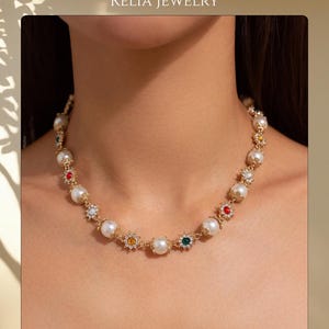 Baroque Pearl Necklace with Gold Floral Accents, Colorful Crystal Beads, Elegant Handcrafted Luxury Choker for Special Occasions