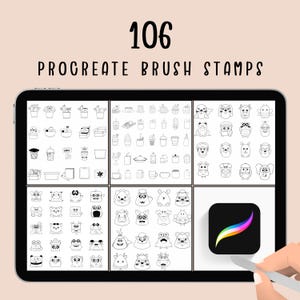 May include: A digital tablet shows 106 Procreate brush stamps. The stamps are arranged in a grid, with black and white illustrations of animals, food, and objects. The Procreate app icon is visible, along with a hand holding a stylus.