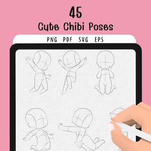 Puede incluir: Ilustración digital de 45 poses chibi lindas. La imagen muestra una tableta con varios bocetos de figuras chibi en varias poses. El texto "45 Cute Chibi Poses" está en la parte superior, con opciones de tipo de archivo debajo.