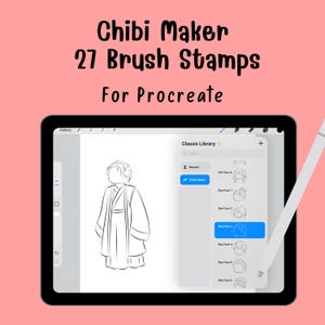 Puede incluir: Ilustración digital en una pantalla de tableta que muestra un "Chibi Maker" con 27 sellos de pincel para Procreate. La pantalla muestra un dibujo lineal de un personaje y opciones de cara. Un lápiz óptico es visible.