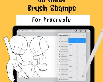 May include: A digital art illustration on a tablet, featuring 45 Chibi Brush Stamps for Procreate. The tablet displays a brush library with various categories. Two Chibi figures are sketched on the screen. A white stylus is positioned on the right side of the tablet, against a yellow background.
