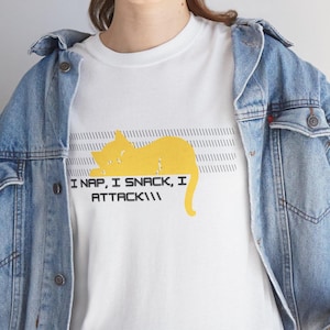 Graphic Cat shirt- I Nap I Snakc I Attack, Unisex Tee for Cat Enthusiasts, Gifts for Pet Lovers,cat meme shirt, meme shirt, meme cat shirt