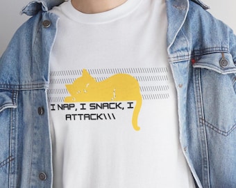 Camiseta con diseño de gato: "Tomo la siesta, picoteo, ataco", unisex para amantes de los gatos, regalos para mascotas, camiseta con meme de gato, camiseta con meme, camiseta con meme de gato