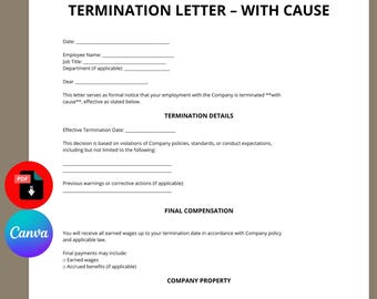 Plantilla de carta de despido con justificación / Aviso de despido de RRHH (editable en Canva)