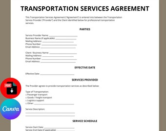 Transportation Services Agreement Template | Transport Contract Template | Logistics Service Agreement | Editable Canva PDF |