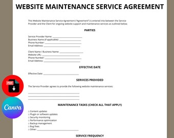 Website Maintenance Agreement Template | Web Support Contract | Website Service Agreement | Editable Canva PDF | Instant Download