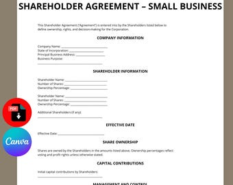 Plantilla de acuerdo de accionistas / Contrato para pequeñas empresas (Descarga digital de Canva)