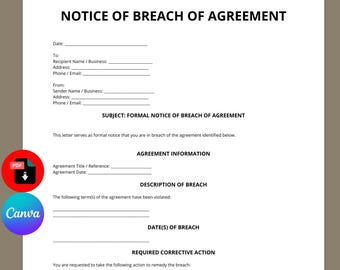 Plantilla de notificación de incumplimiento de contrato / Carta legal de incumplimiento contractual (editable en Canva)