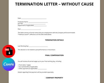 Plantilla de carta de despido sin causa justificada / Documento de RRHH (editable en Canva)