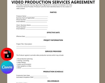 Video Production Contract Template | Video Services Agreement | Videography Contract Template | Editable Canva PDF | Instant Download
