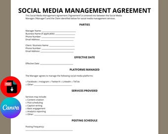 Plantilla de acuerdo de gestión de redes sociales / Contrato SMM / PDF editable de Canva (Descarga instantánea)