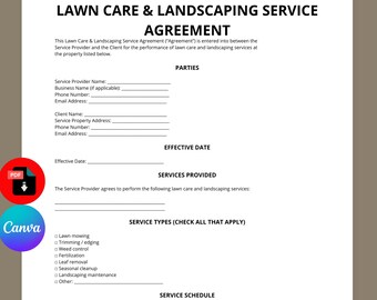 Lawn Care Service Agreement Template | Landscaping Contract Template | Lawn Maintenance Contract | Editable Canva PDF | Instant Download