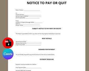Plantilla de aviso de pago o desalojo / Aviso de desahucio, Pago de alquiler (Editable en Canva)