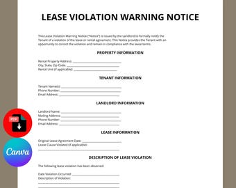 Lease Violation Warning Notice Template | Tenant Warning Notice | Rental Violation Form | Editable Canva PDF | Instant Download