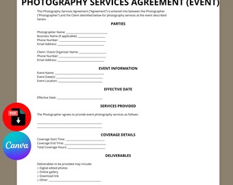 Event Photography Contract Template | Photography Services Agreement | Wedding Photographer Contract | Editable Canva PDF | Instant Download
