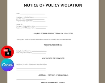 Plantilla de notificación de infracción de política / Carta de advertencia al empleado (editable en Canva)