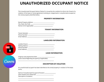 Unauthorized Occupant Notice Template | Lease Violation Notice | Tenant Occupancy Notice | Editable Canva PDF | Instant Download