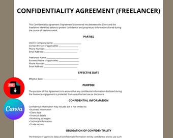 Plantilla de acuerdo de confidencialidad para freelancers / Acuerdo de no divulgación / PDF editable de Canva