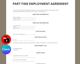 Plantilla de contrato de trabajo a tiempo parcial / Contrato de RRHH editable en Canva (descarga digital)